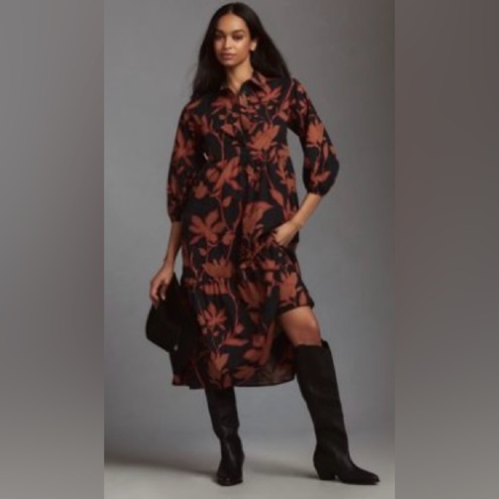 Maeve Anthropologie Bettina Tiered Shirt Dress Black Brown Floral